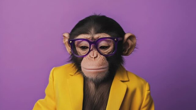 A curious monkey wearing a bright yellow jacket and purple glasses, sitting on a tree branch