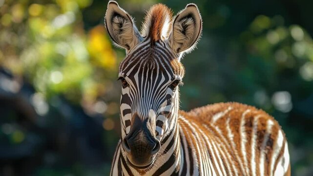 Close-up shot of a zebra's face against a backdrop of trees