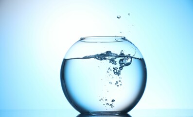 Glass aquarium with water on light blue background