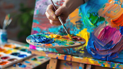 Close-up of an artist painting colorful art on canvas with brush and palette in class. An easel with vibrant paints stands nearby, while other focused artists work in the background...
