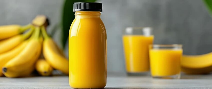 On a light background is a bottle of banana juice. On the bottle is an empty label and space for an inscription, next to it is a glass of juice and a banana.