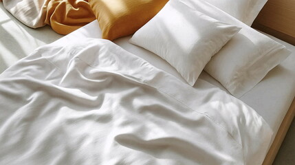 Cozy bedroom with white bedding and soft pillows in natural light during the morning