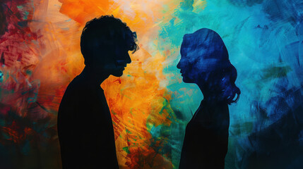 Two silhouettes face each other, their tense postures charged with palpable intensity and unspoken conflict...