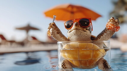 Turtle in sunglasses enjoying a sunny day by the pool with an umbrella