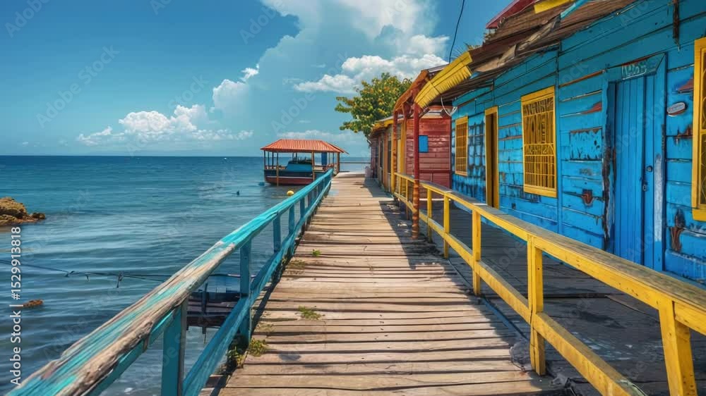 Poster a pier with a blue and yellow building overlooking the ocean, suitable for travel or architecture im