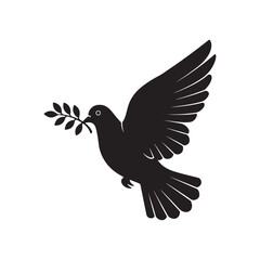 A black silhouette of a dove carrying an olive branch, symbolizing peace and hope.