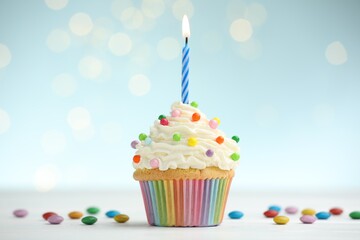 Burning candle in cupcake and candies on table against blue background with blurred lights