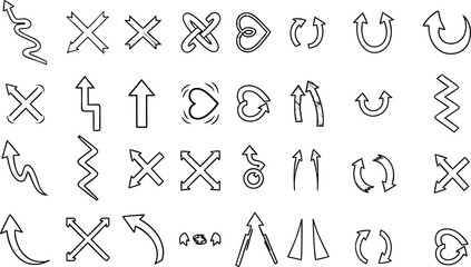 Collection of hand drawn arrows and directional symbols outlined in black on a white background