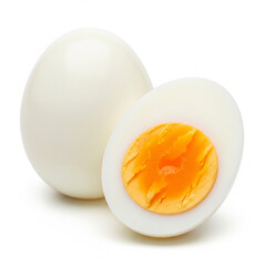 Whole and halved hard-boiled egg on white background