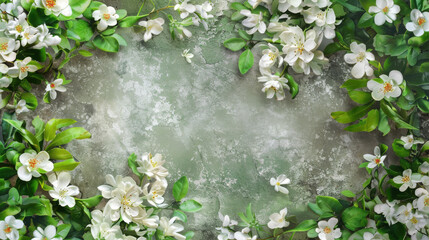 A delicate border of white jasmine flowers, featuring soft petals and green leaves, creating an elegant, natural frame perfect for design or decoration...