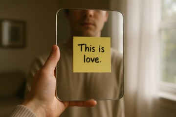 Hand holding mirror reflecting a man with a yellow note saying this is love, representing self love, self acceptance, and Valentine's day