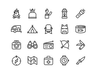 Camping Vector Icon Set | Adjustable Line Weight | Campfire, lantern, flashlight, tent, backpack, canned food, map, compass, knife, watch, outdoor gear icons