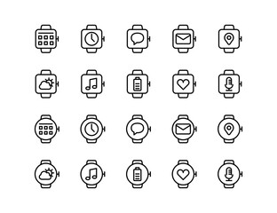 Smart Watch Vector Icon Set | Adjustable Line Weight | Time, apps, notifications, GPS, weather, heart rate, chat, mail, music, health, fitness, smartwatch icons