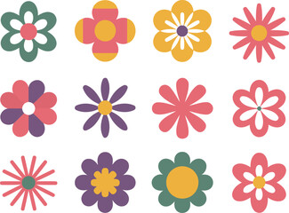 Geometric diverse flat design flower icons set, colorful floral spring collection