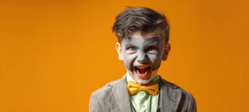 The joyful boy with painted face wearing a suit and bowtie against orange background.