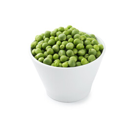 Fresh green peas in bowl isolated on white