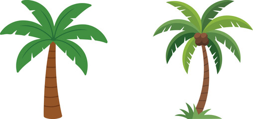 Two tropical cartoon palm trees with green leaves, summer vacation beach illustration