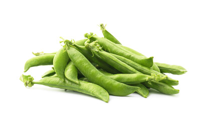Pile of fresh green pea pods isolated on white