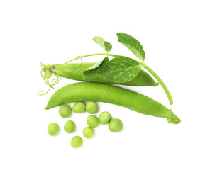 Fresh green peas in pods and sprout isolated on white, top view