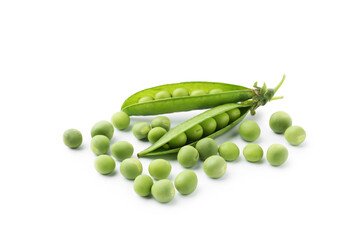 Fresh green peas and pods isolated on white