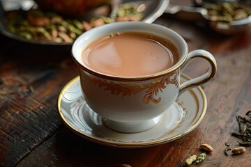 An aromatic cup of masala tea placed on a wooden table