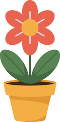 Simple flat design red flower in yellow pot with green leaves illustration