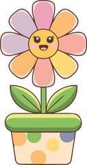 Cute kawaii flower in pot with polka dots, smiling cartoon spring plant illustration
