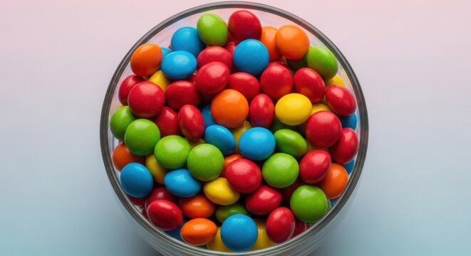 Colorful candy bowl filled with bright multicolored chocolate sweets on gradient background - Powered by Adobe