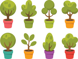 Flat design potted trees and plants set, indoor and outdoor botanical illustration collection