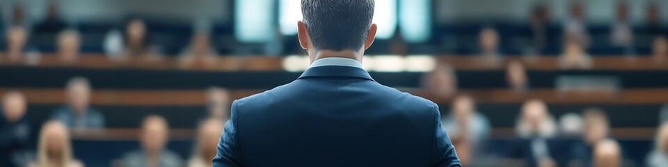 A business leader presenting in front of a large audience