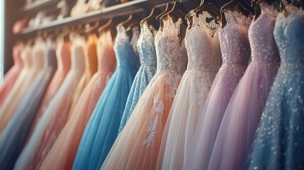 Colorful gowns on hangers, store display