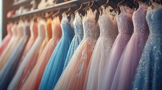 Colorful gowns on hangers, store display