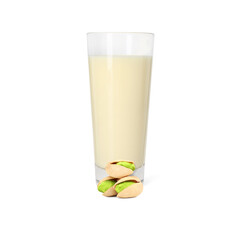 Nut milk in glass and pistachios isolated on white
