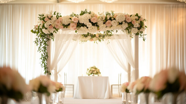 A brides bouquet and a wine glass are featured beneath a wedding chuppah in a simple, elegant setup.