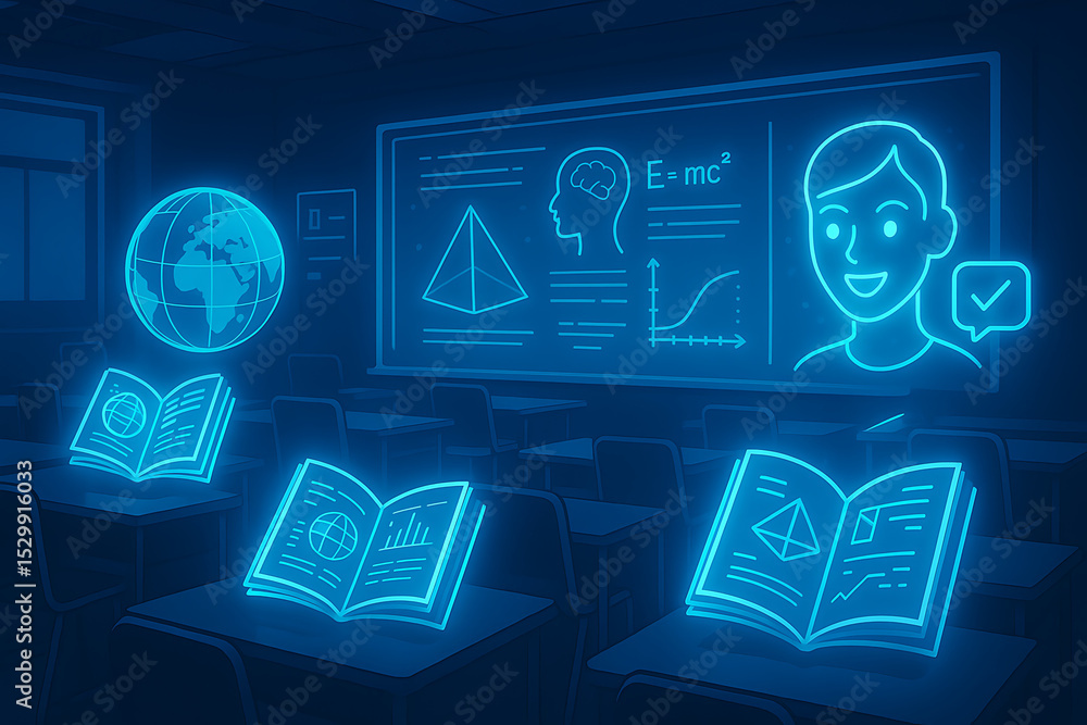 Poster futuristic learning environment with student using virtual reality ar interface for immersive educat