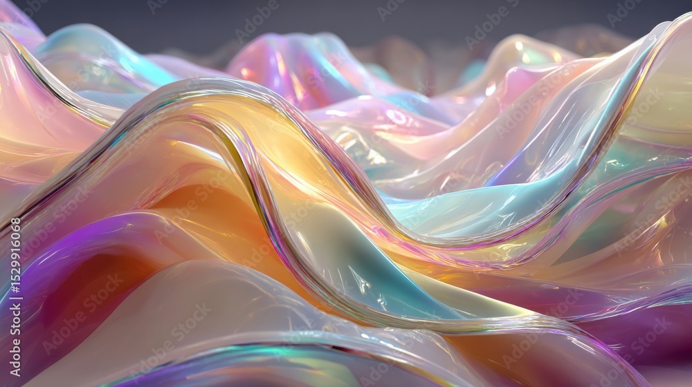 Poster swirls of translucent material ripple through the scene, reflecting a spectrum of colors. the waves 