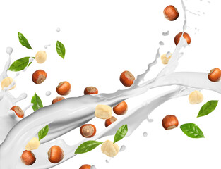 Nut milk splash with hazelnuts and green leaves in air on white background