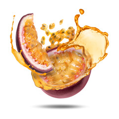 Tasty passion fruit with juice in air on white background
