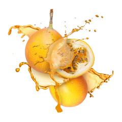 Tasty passion fruits with juice in air on white background