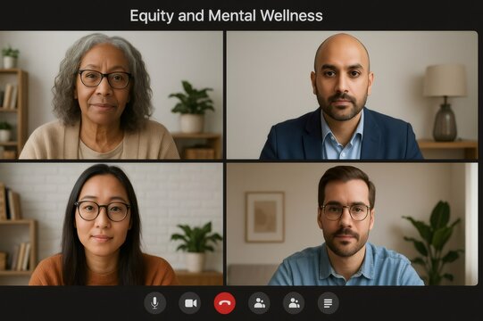 Four professionals engaging in an online meeting focused on equity and mental wellness, fostering collaboration and communication remotely