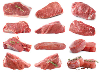 Pieces of raw beef meat and spices isolated on white, collage