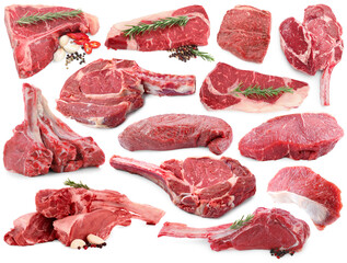 Pieces of raw beef meat and spices isolated on white, collage