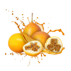Tasty passion fruits with juice in air on white background