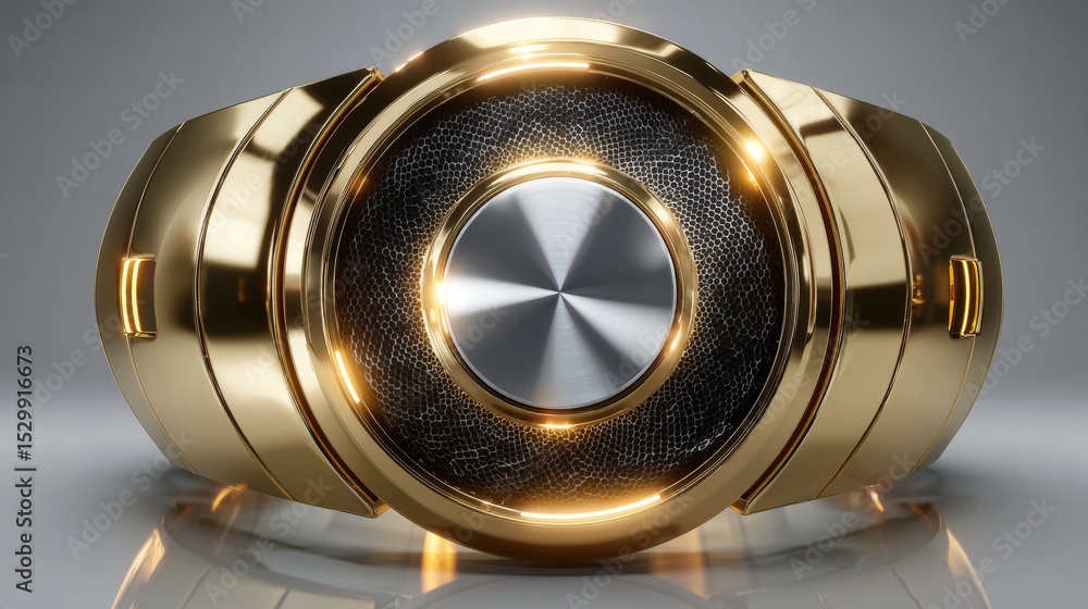 Poster white button in round gold frame vector illustration. 3d realistic shiny metal golden circle ring on