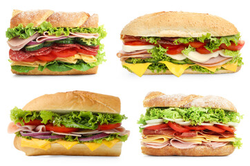 Delicious baguette sandwiches with different fillings isolated on white, collage