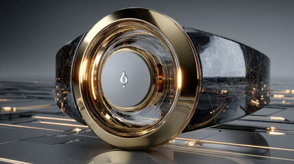 White button in round gold frame vector illustration. 3d realistic shiny metal golden circle ring on green push click button for website, abstract badge element design isolated on black background