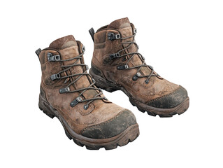 Pair of used hiking boots displayed on a dark background.