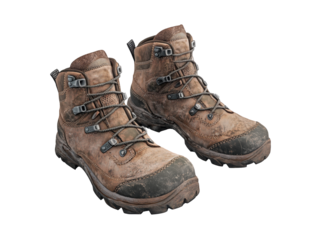 Pair of used hiking boots displayed on a dark background.