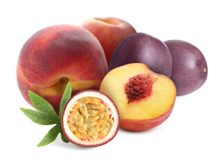 Tasty ripe passion and peach fruits on white background