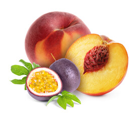 Tasty ripe passion and peach fruits on white background